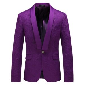 UNINUKOO Mens 3 Piece Suit Jacquard Floral Shawl Lapel Fancy Suits for Men Wedding Party Prom Tuxedo Suit Set US Size 32 Purple