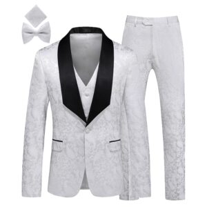 MOGU Mens 3 Piece Tuxedo Slim Fit Jacquard Floral Vintage Groomsmen Wedding Prom Suit Blazre 34 / Pants 31 White