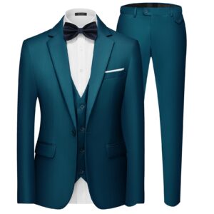 mage male men's 3 pieces suit elegant solid one button slim fit single breasted party blazer vest pants set. teal blue