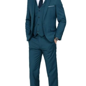 MAGE MALE Men's 3 Pieces Suit Elegant Solid One Button Slim Fit Single Breasted Party Blazer Vest Pants Set. Teal Blue