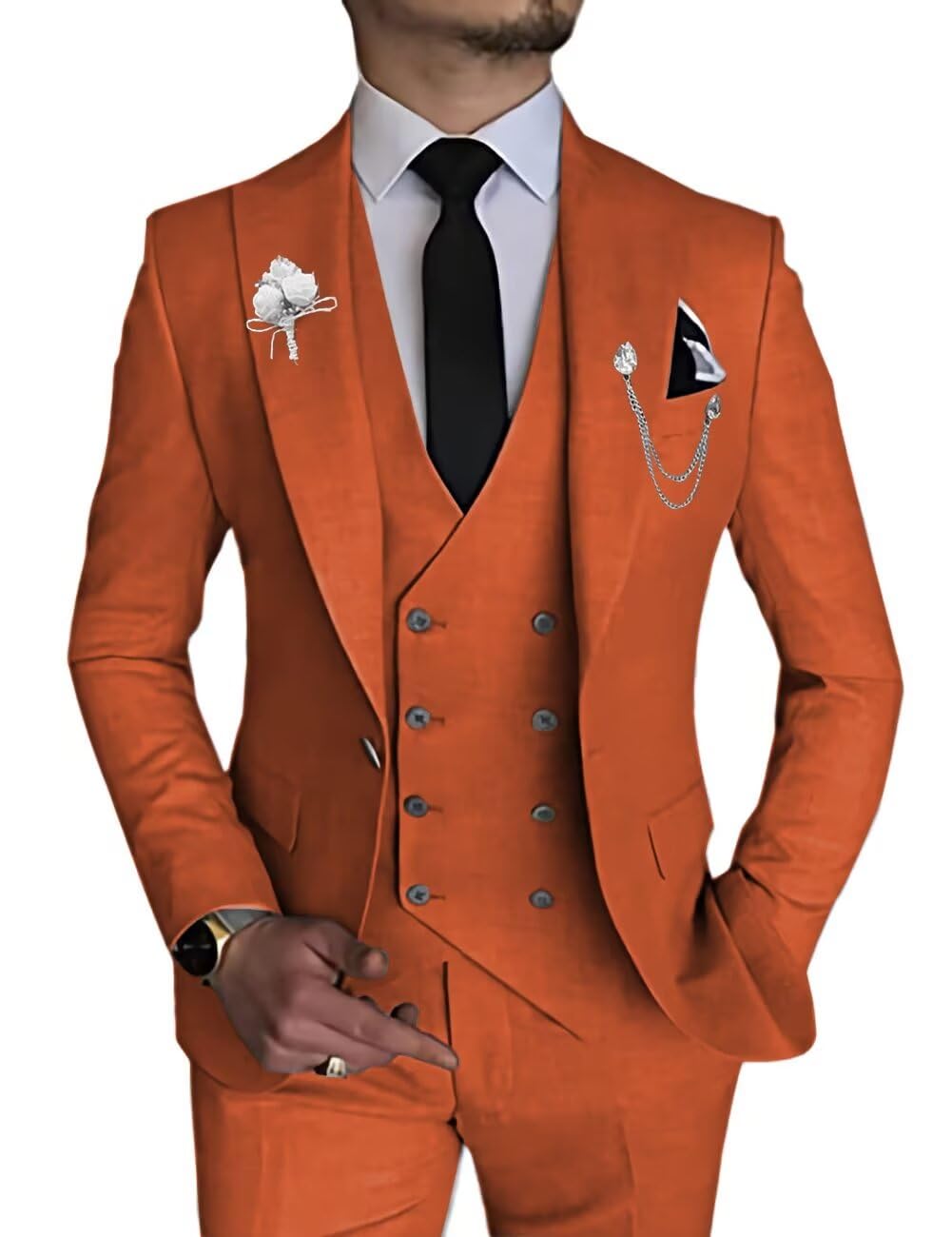 Wangyue 3 Piece Men's Suits Mens Suits Regular Fit Suit Mens 3 Piece Slim Suit Double Breasted Suit Men Orange Suits for Men,L