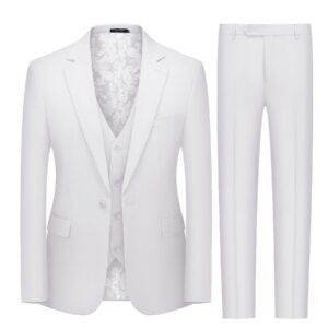 mage male men's 3 pieces suit slim fit notch lapel one button business wedding party solid blazer jacket vest pants set with tie white