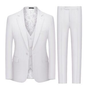 MAGE MALE Men's 3 Pieces Suit Slim Fit Notch Lapel One Button Business Wedding Party Solid Blazer Jacket Vest Pants Set with Tie White