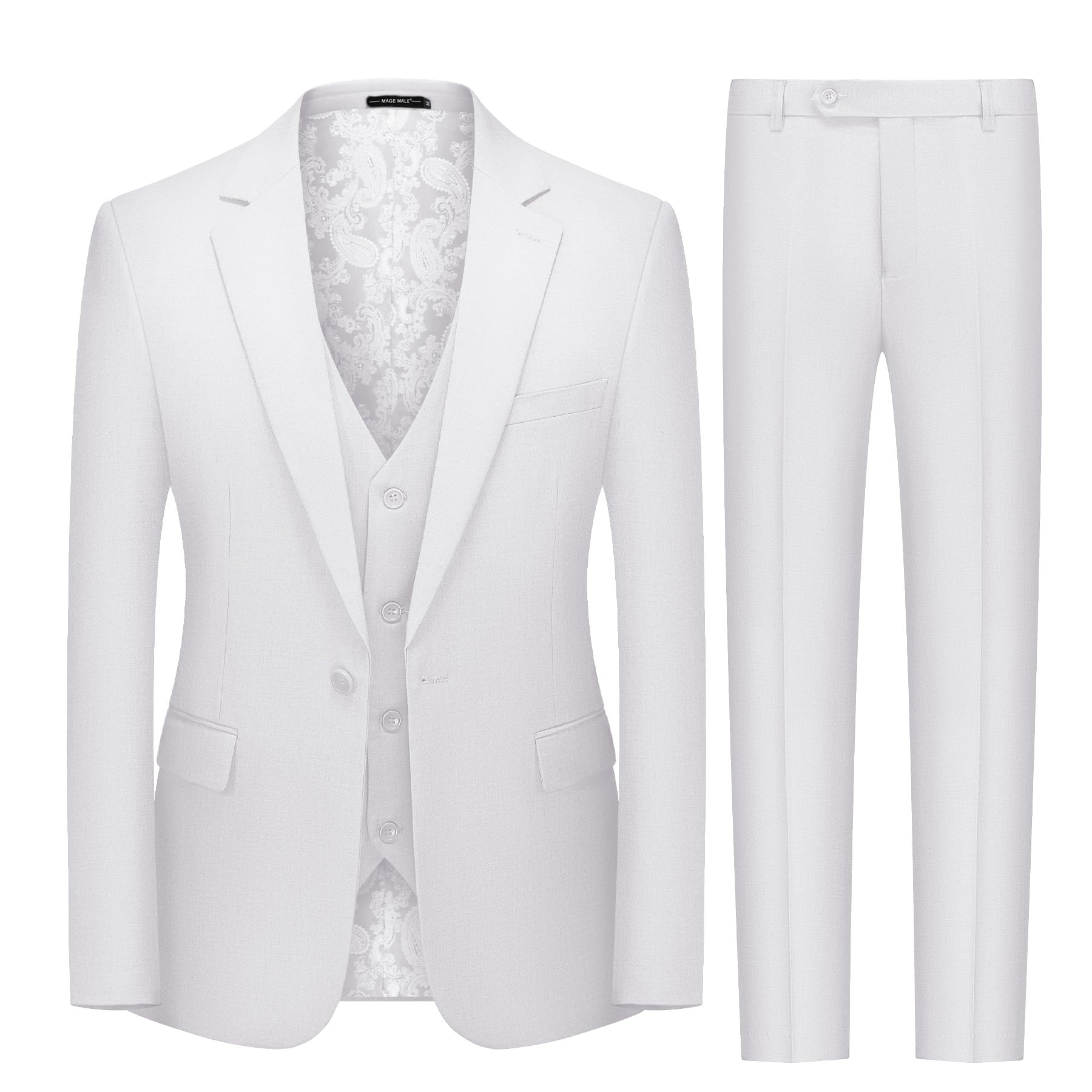 MAGE MALE Men's 3 Pieces Suit Slim Fit Notch Lapel One Button Business Wedding Party Solid Blazer Jacket Vest Pants Set with Tie White