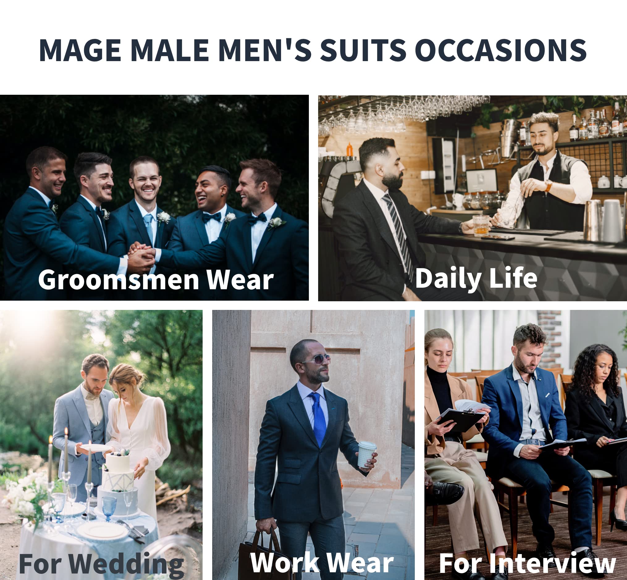 MAGE MALE Men's 3 Pieces Suit Slim Fit Notch Lapel One Button Business Wedding Party Solid Blazer Jacket Vest Pants Set with Tie White