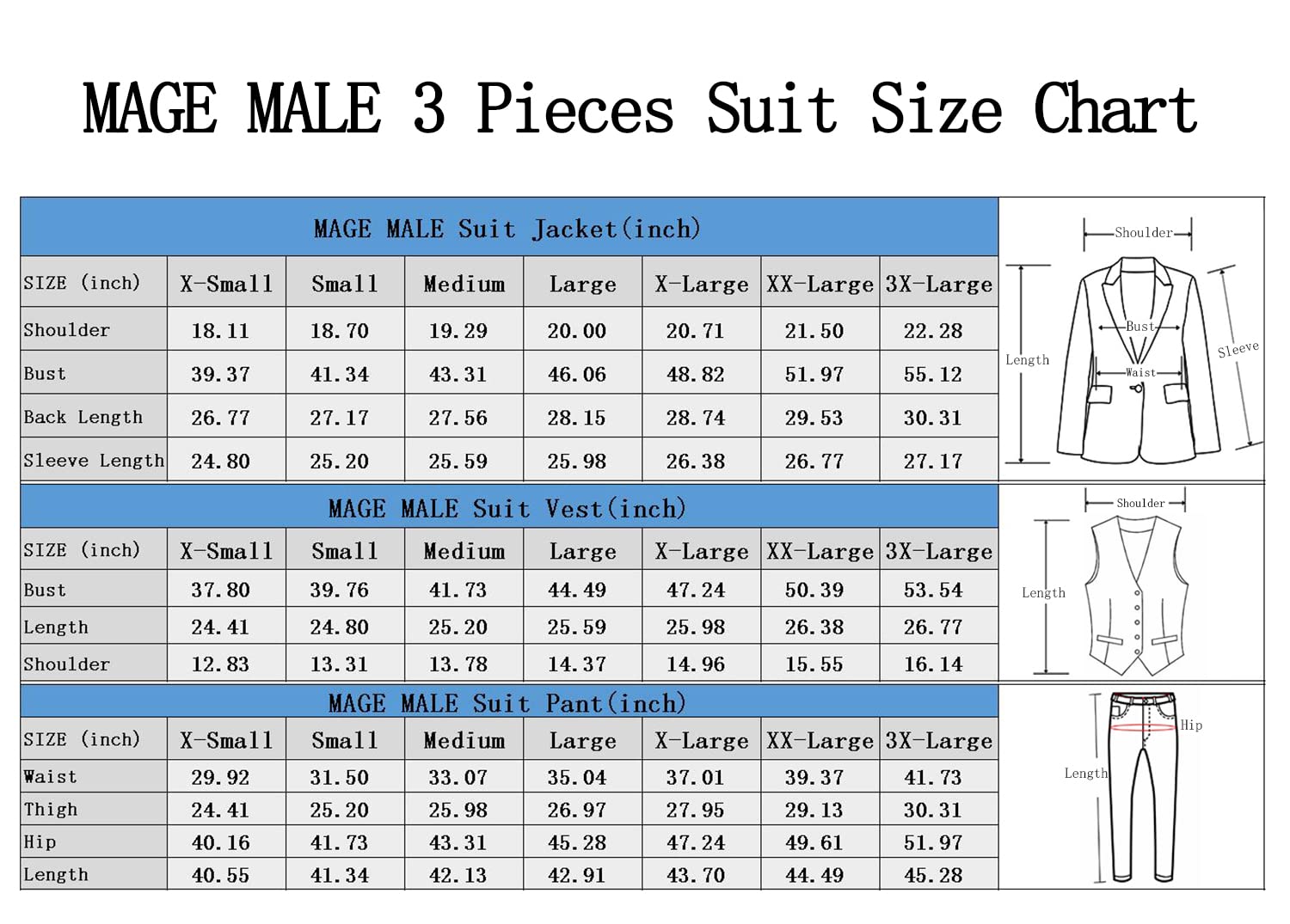 MAGE MALE Men's 3 Pieces Suit Slim Fit Notch Lapel One Button Business Wedding Party Solid Blazer Jacket Vest Pants Set with Tie White