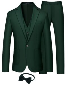 mage male mens tuxedo suit set slim fit 3 piece suit wedding prom suits patch pockets blazer vest pants set with bow tie dark green