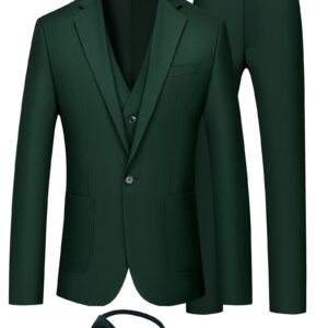 MAGE MALE Mens Tuxedo Suit Set Slim Fit 3 Piece Suit Wedding Prom Suits Patch Pockets Blazer Vest Pants Set with Bow Tie Dark Green