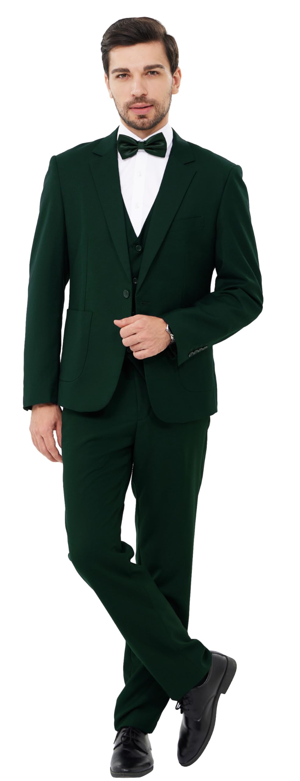 MAGE MALE Mens Tuxedo Suit Set Slim Fit 3 Piece Suit Wedding Prom Suits Patch Pockets Blazer Vest Pants Set with Bow Tie Dark Green