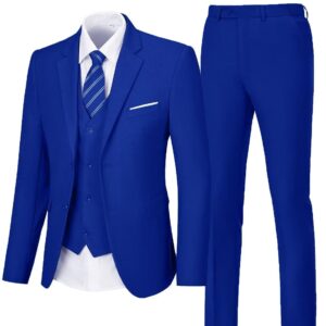 Men's 3 Piece Suit 2 Button Business Wedding Prom Slim Fit Suits Blazer Formal Tuxedo Vest & Trousers Royal Blue XL