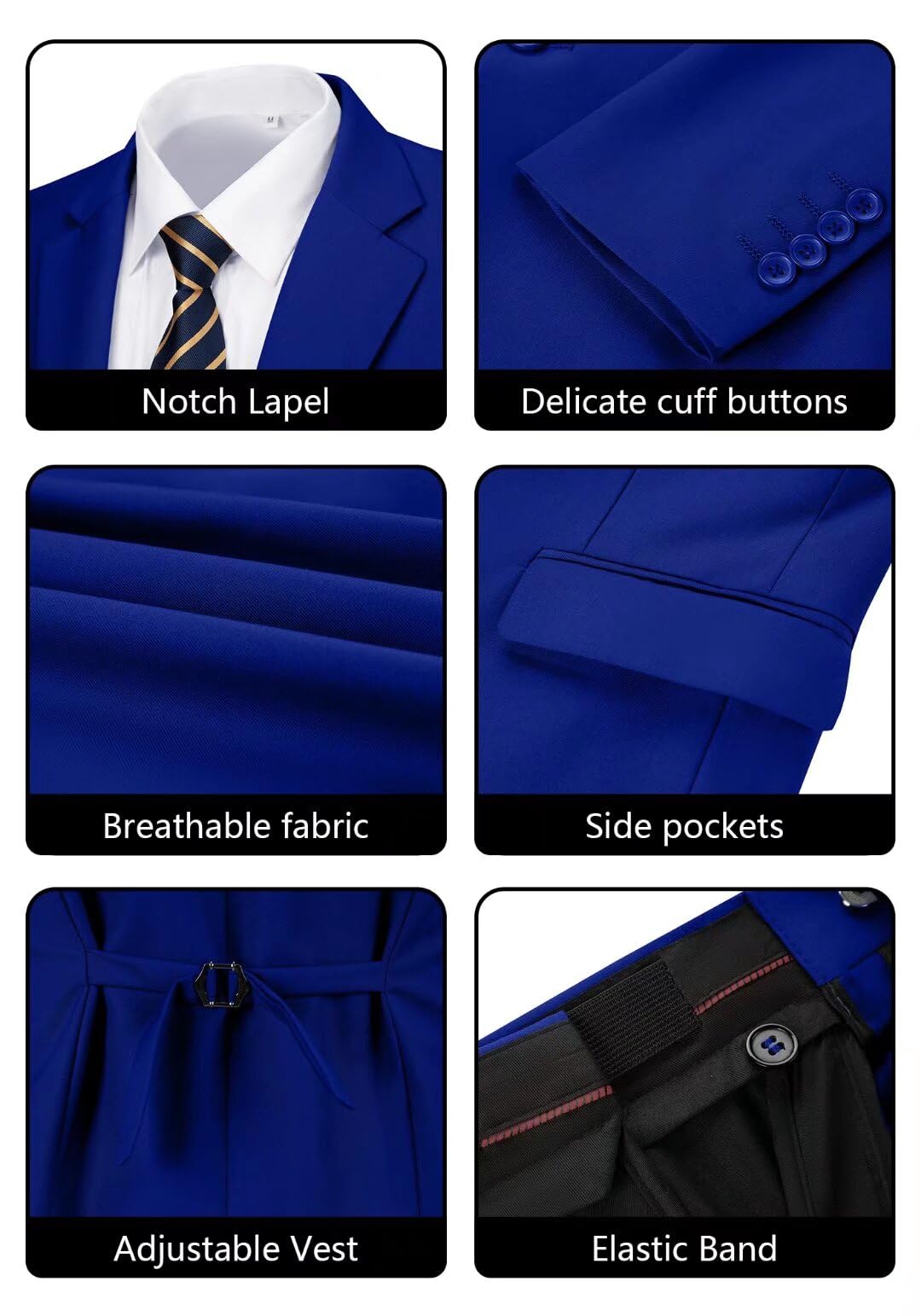 Men's 3 Piece Suit 2 Button Business Wedding Prom Slim Fit Suits Blazer Formal Tuxedo Vest & Trousers Royal Blue XL