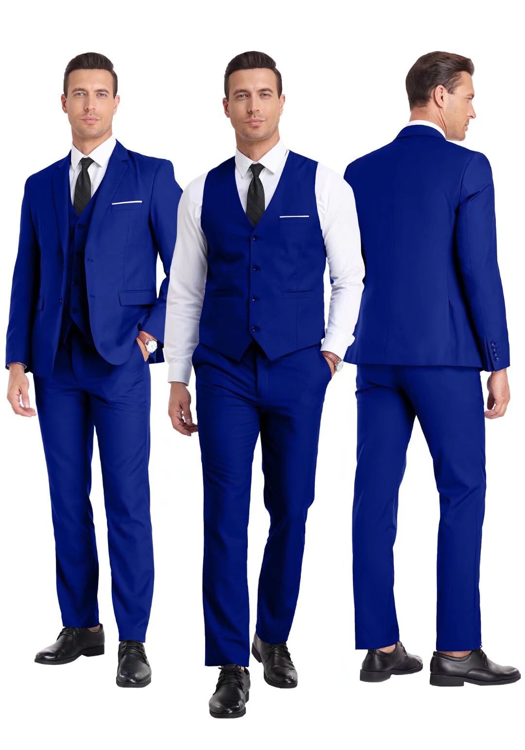 Men's 3 Piece Suit 2 Button Business Wedding Prom Slim Fit Suits Blazer Formal Tuxedo Vest & Trousers Royal Blue XL