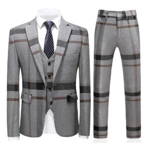 men's plaid suit slim fit 3 piece casual suits one button blazer business wedding party jacket tuxedo vest & pants grey