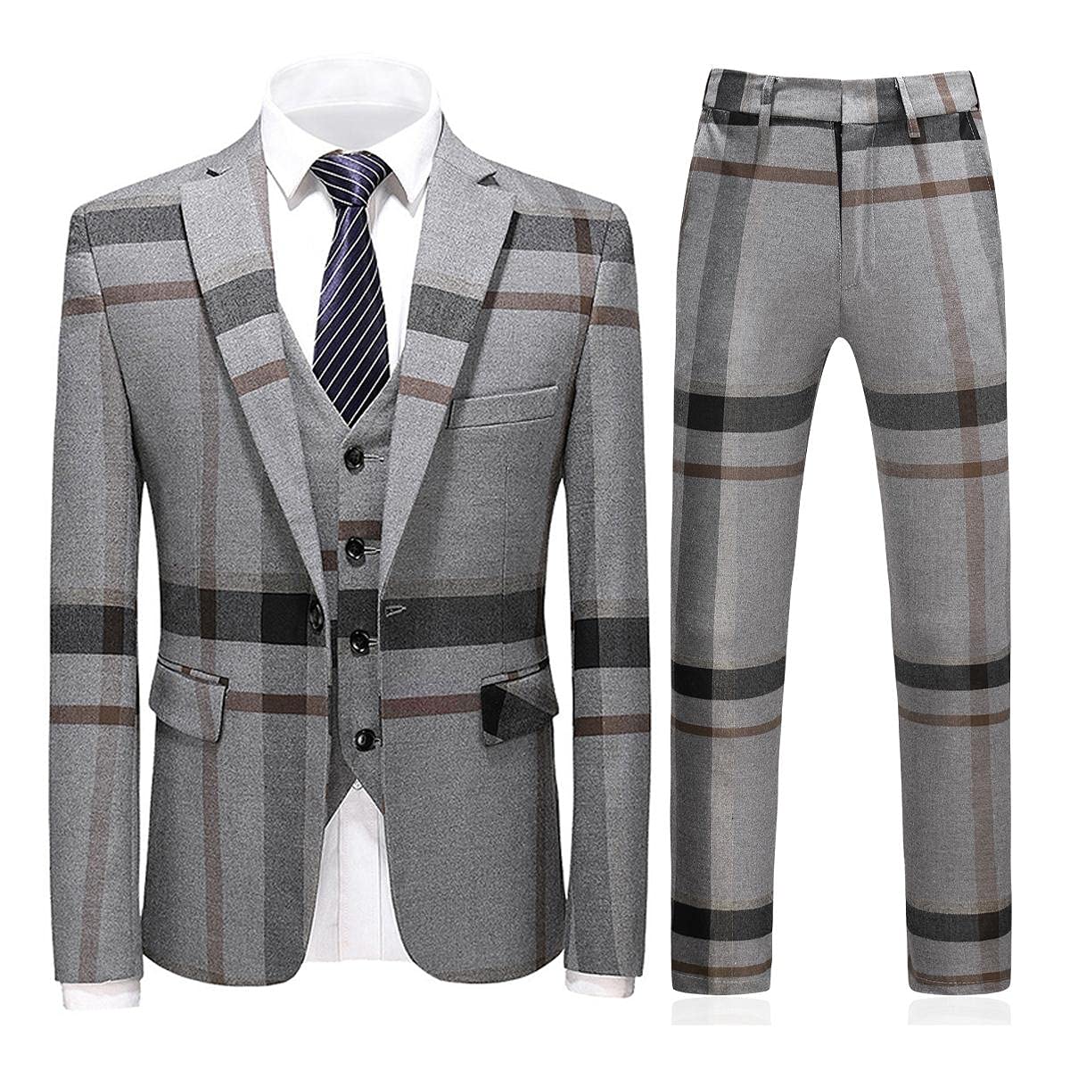 Men's Plaid Suit Slim Fit 3 Piece Casual Suits One Button Blazer Business Wedding Party Jacket Tuxedo Vest & Pants Grey