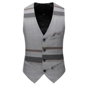 Men's Plaid Suit Slim Fit 3 Piece Casual Suits One Button Blazer Business Wedding Party Jacket Tuxedo Vest & Pants Grey