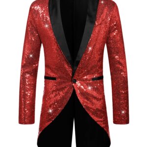 Lars Amadeus Red Sequin Tailcoat for Men's Shawl Lapel Shiny Sparkly Party Disco Wedding Tuxedo 3X-Large