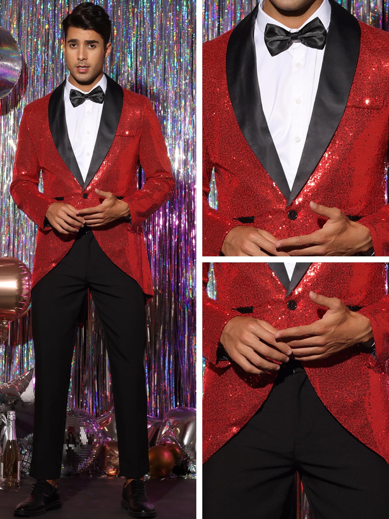 Lars Amadeus Red Sequin Tailcoat for Men's Shawl Lapel Shiny Sparkly Party Disco Wedding Tuxedo 3X-Large