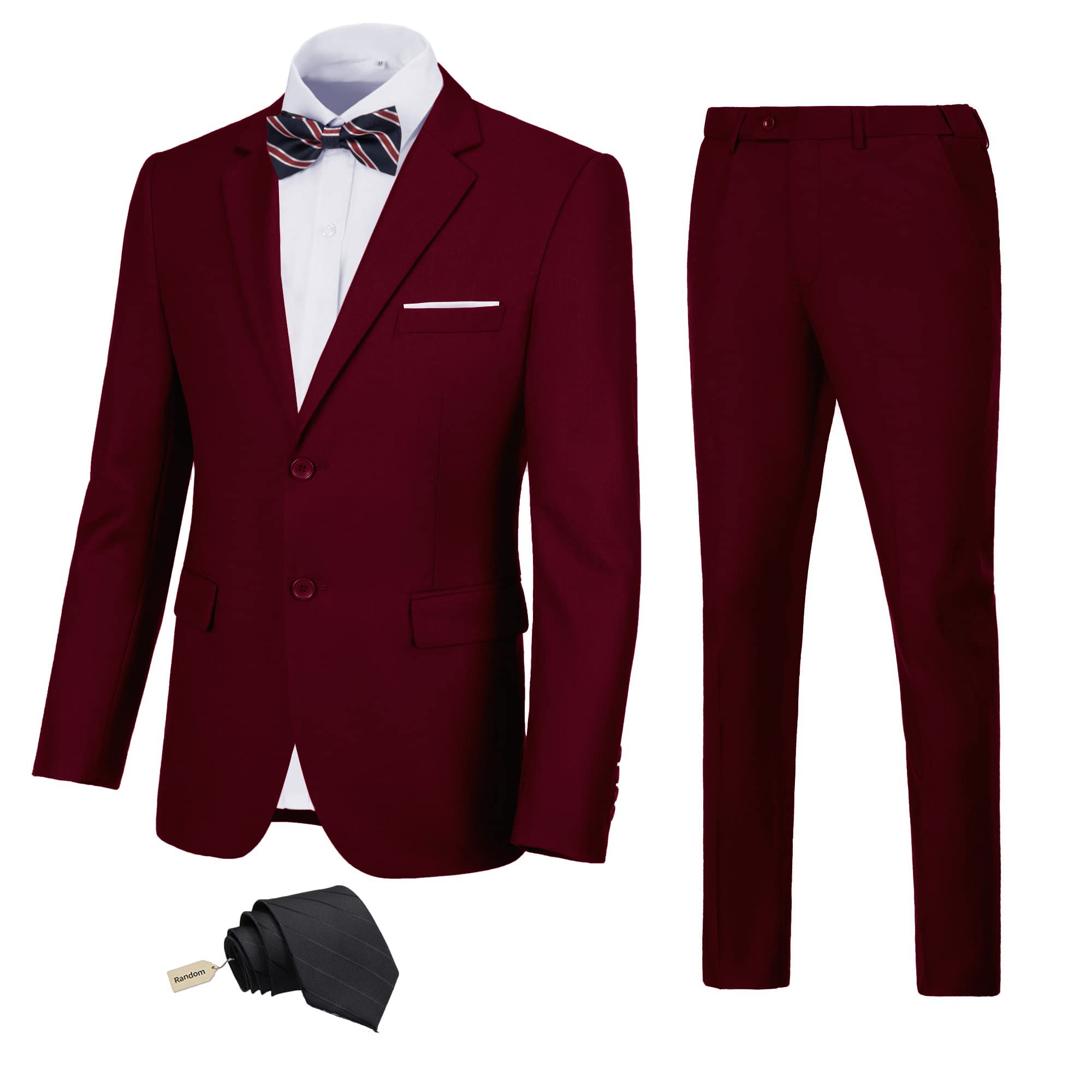 Men's 2 Piece Slim Fit Suit Set, Burgundy Jacket Pants with Tie, Business Wedding Groomsmen Men Suits Tuxedo Set XS