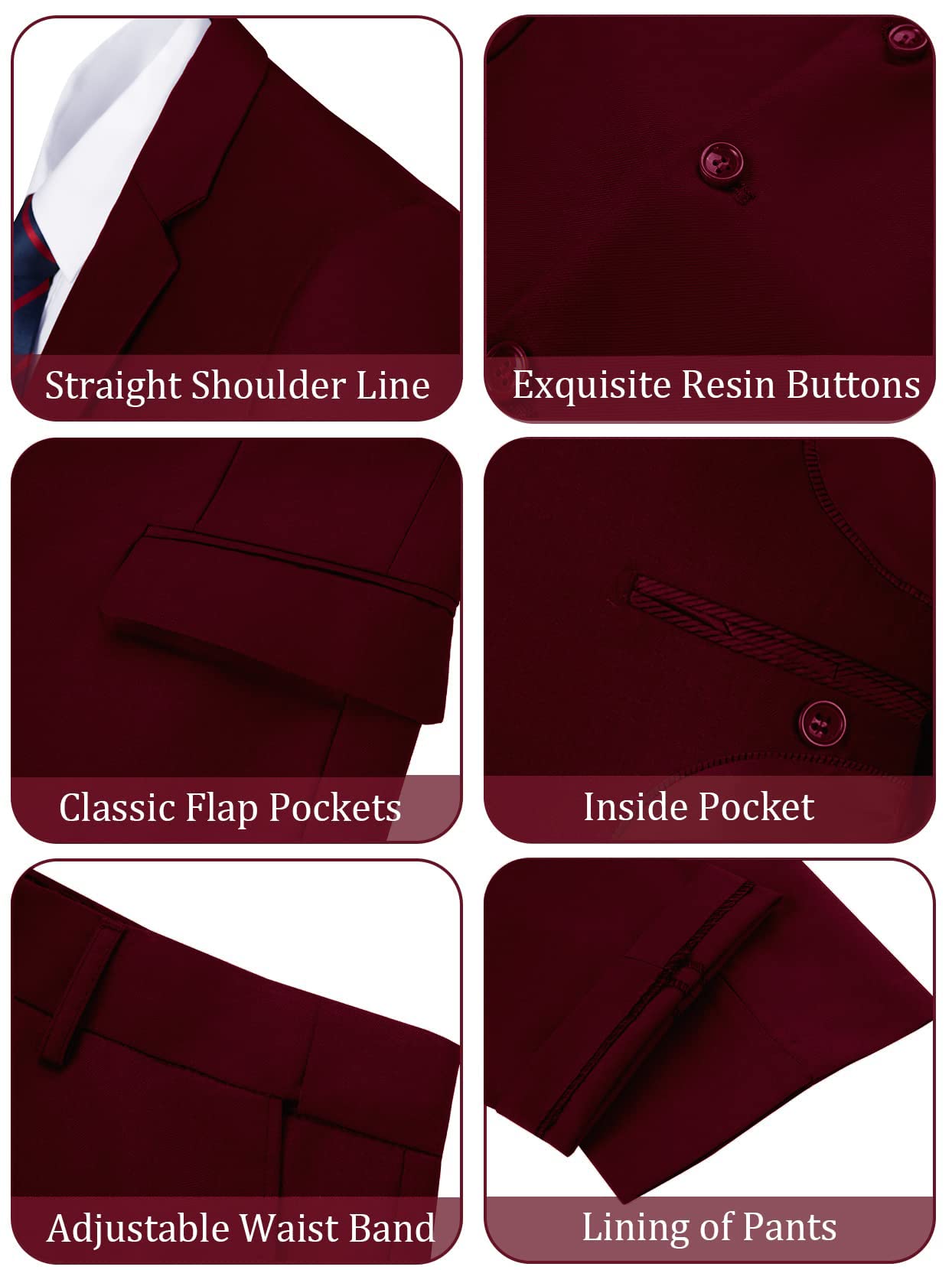 Men's 2 Piece Slim Fit Suit Set, Burgundy Jacket Pants with Tie, Business Wedding Groomsmen Men Suits Tuxedo Set XS