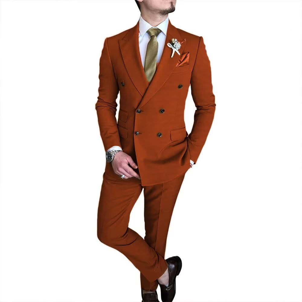 Men's Suits Slim Fit Suits for Men 2 Piece Peak Lapel Suits for Summer Party Rust Orange,2XL Size US44L