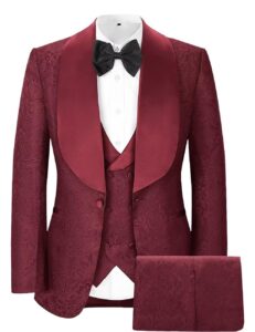 tuxedo for men slim fit 3 piece suit with bow tie shawl lapel jacquard floral tuxedo suits for man burgundy size l