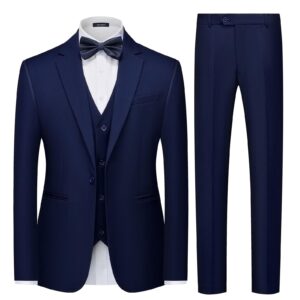 mage male men's 3 pieces solid one button suit elegant slim fit single breasted party tuxedo blazer vest pants set navy blue