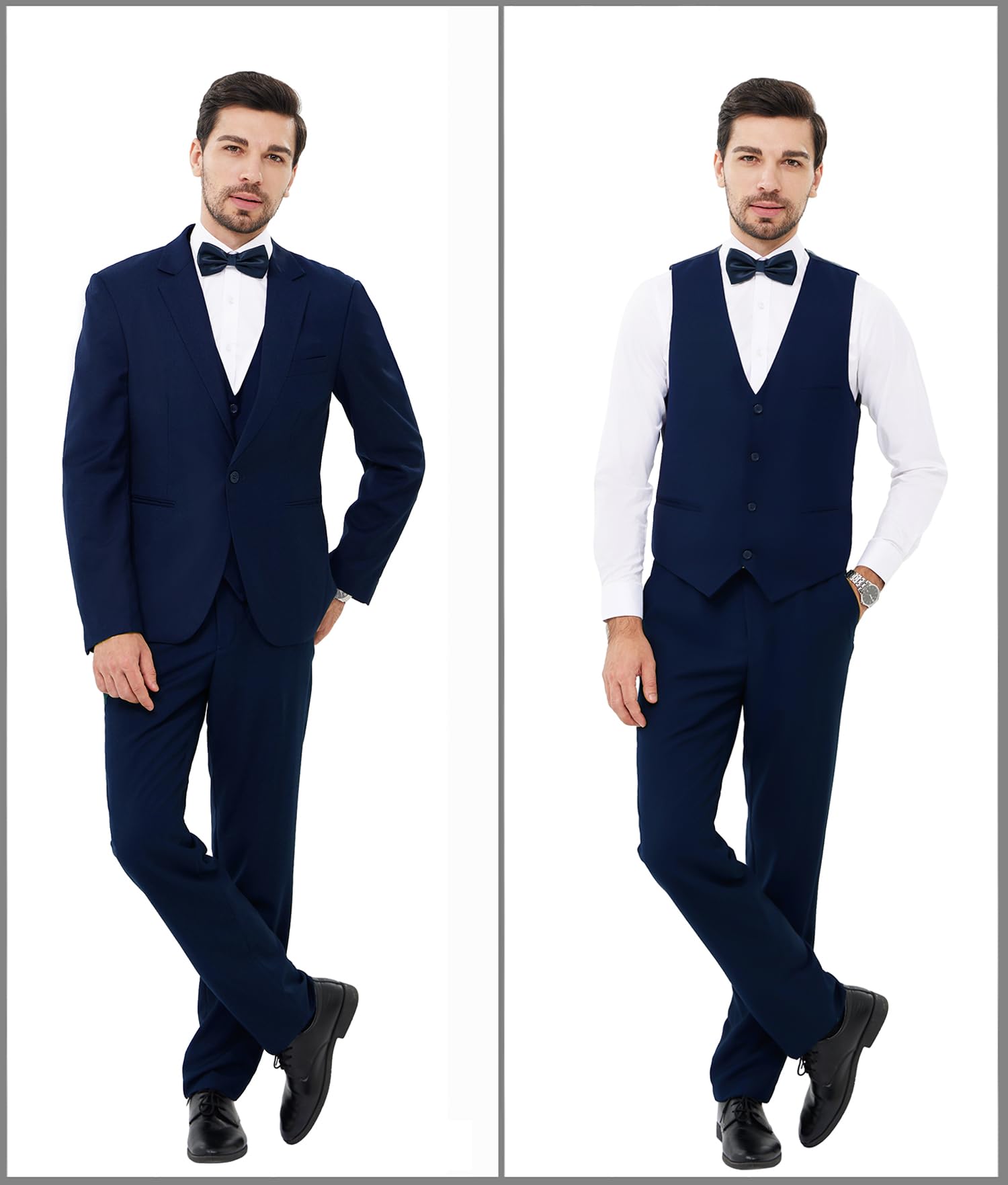 MAGE MALE Men's 3 Pieces Solid One Button Suit Elegant Slim Fit Single Breasted Party Tuxedo Blazer Vest Pants Set Navy Blue