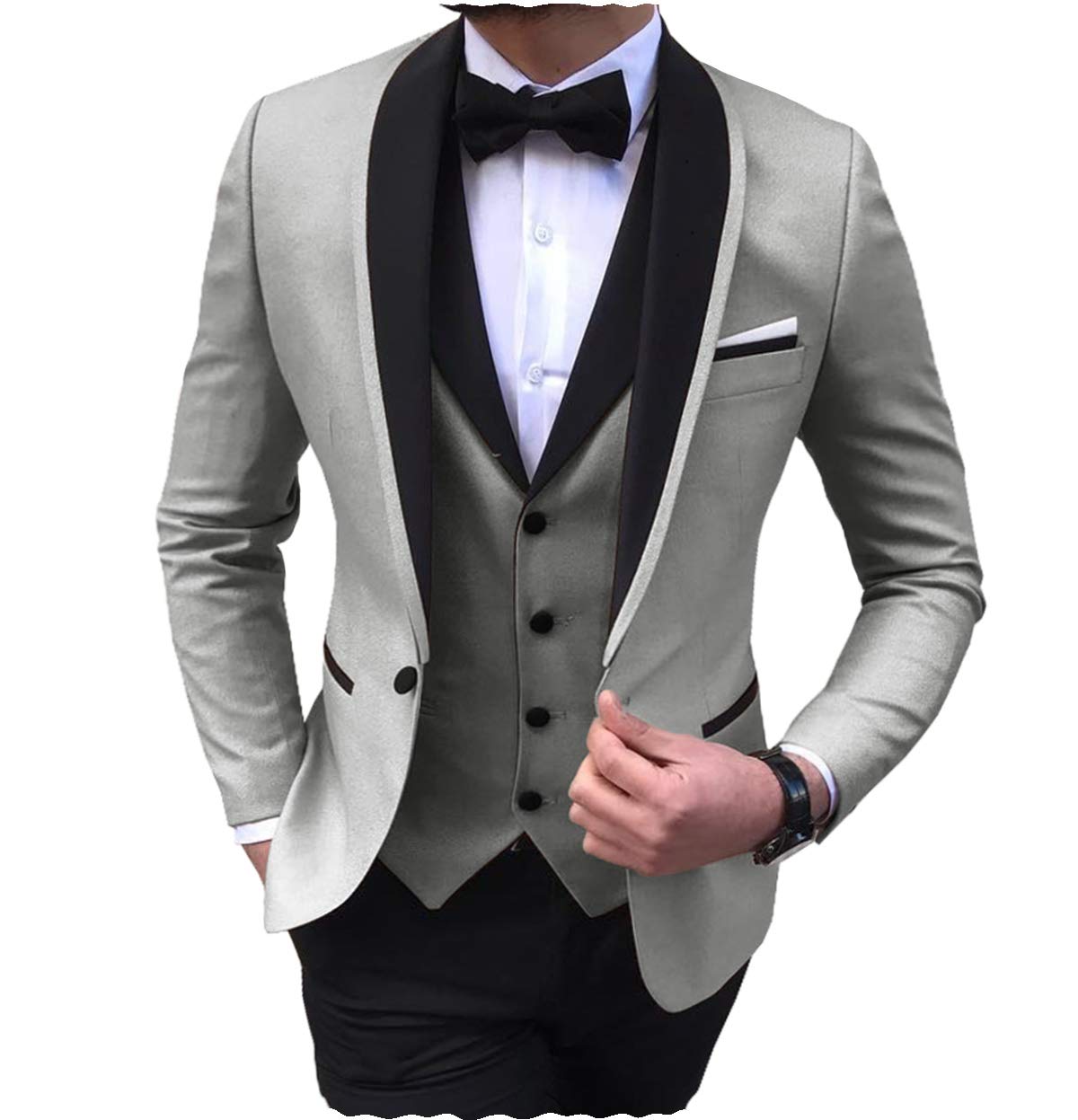 Aesido Men Suits Slim Fit 3 Pieces Wedding Formal Business Tuxedos One Button(Silver Grey,US34)