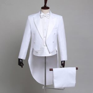 Loloda Men's 4-Piece Tuxedo Tailcoat Blazer Tuxedo Jacket Suit Gentleman Formal Tux Tail Coat Pants Set White Large