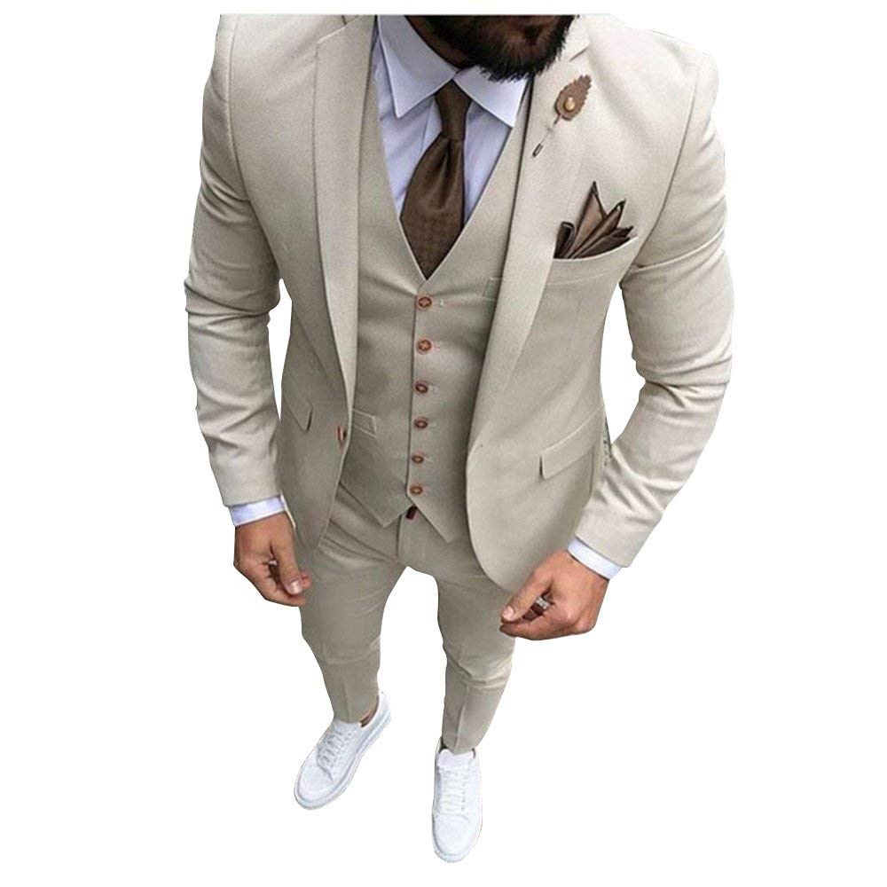 Men Beige Tan Ivory 3-Pieces Tailored Wedding Notch Lapel Tuxedo Groomsmen Men Slim Fit Blazer Pant Vest Suit