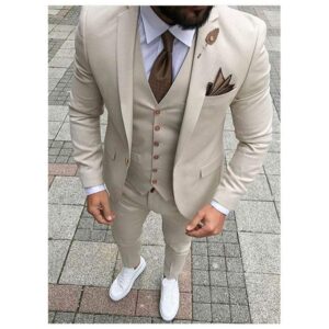 Men Beige Tan Ivory 3-Pieces Tailored Wedding Notch Lapel Tuxedo Groomsmen Men Slim Fit Blazer Pant Vest Suit