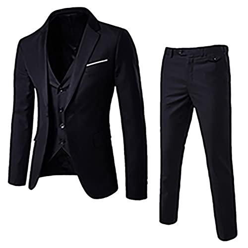 Men's Slim Fit 3 Piece Suits Notch Lapel One Button Business Wedding Prom Suit Jacket Blazer Tux Vest & Trousers Black