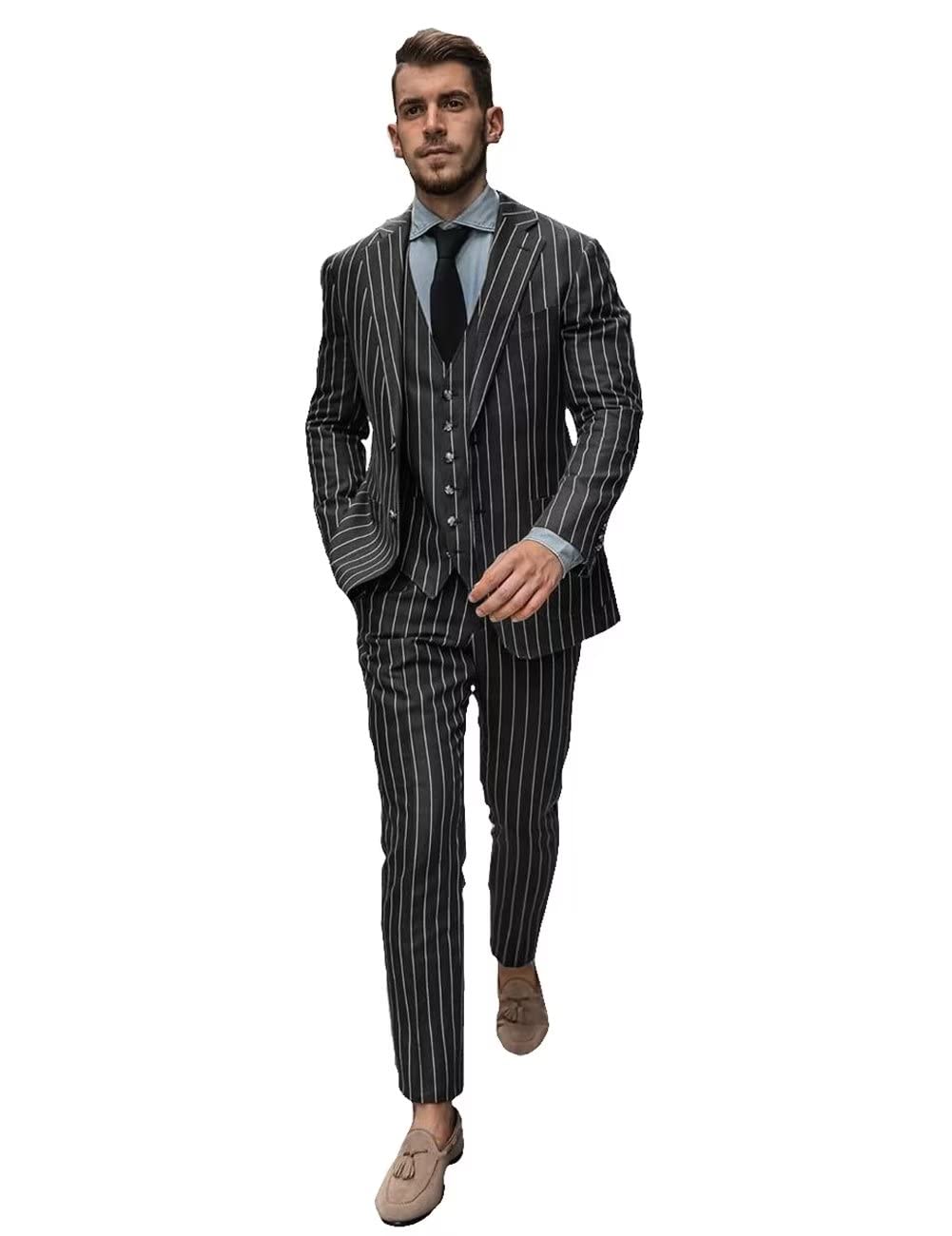 Wangyue Pinstripe Suit for Men 3 Piece Suits Black Formal Wedding Prom Business Suits Birthday Gift for Son Size XXS