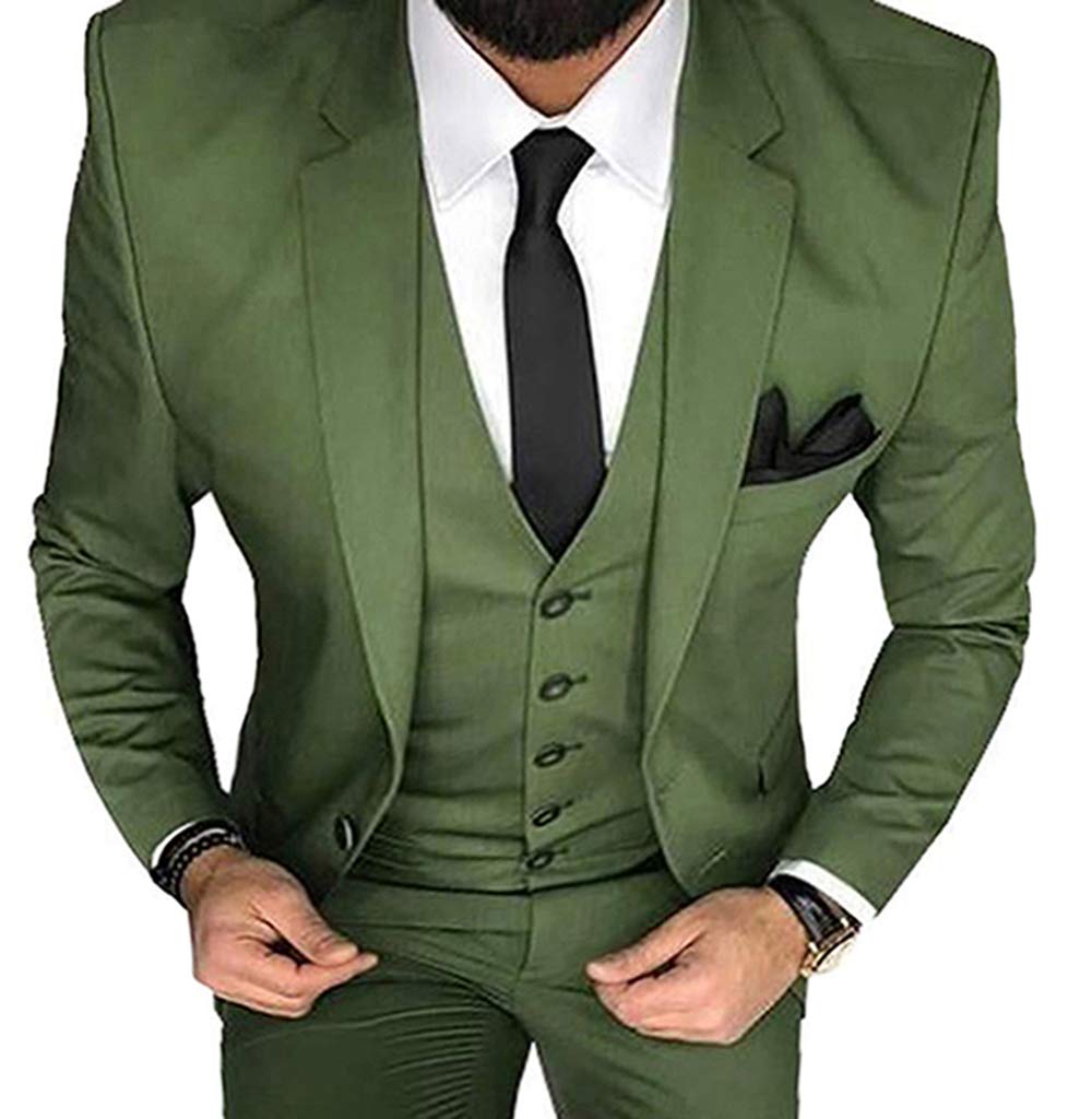 Zeattall Mens Suit Business 3 Pieces Tuxedos Wedding Prom Suits Notched Lapel Blazer Bridegroom Tux(Olive Green,Pant US40)