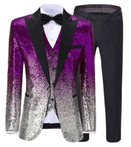 zeattall men's suit three pieces shiny sequin mens suit notch lapel tuxedo for wedding(40 regular,purple-silver)