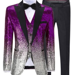 Zeattall Men's Suit Three Pieces Shiny Sequin Mens Suit Notch Lapel Tuxedo for Wedding(40 Regular,Purple-Silver)