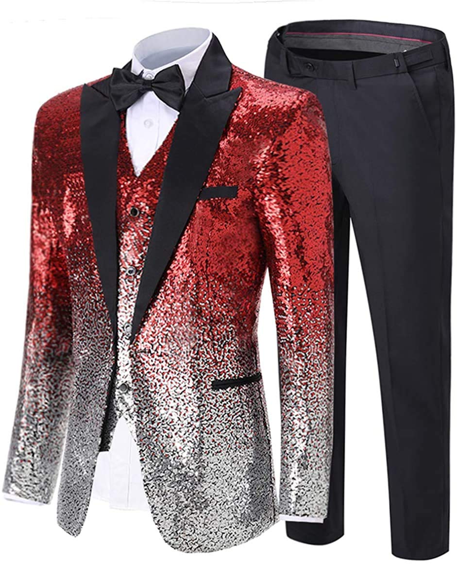 Zeattall Men's Suit Three Pieces Shiny Sequin Mens Suit Notch Lapel Tuxedo for Wedding(40 Regular,Purple-Silver)