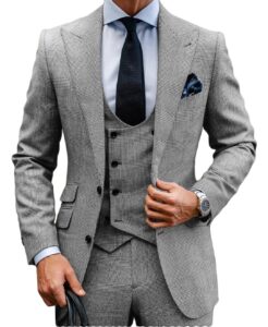 moranx casual men's suits regular fit 3 piece double breasted wool plaid tuxedos business blazer+vest+pants wedding…(gray,46r)