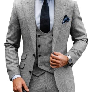 MoranX Casual Men's Suits Regular Fit 3 Piece Double Breasted Wool Plaid Tuxedos Business Blazer+Vest+Pants Wedding…(Gray,46R)