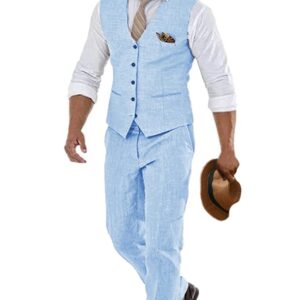 Linen Suits 2 Piece Suit Set Casual Linen Vest and Pants for Groomsmen Summer Wear Suits Groom Tuxedo Blue-XS