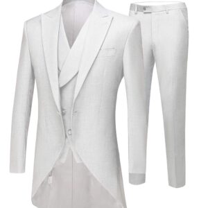 Men's White 3PC Long Tailcoat Suit Notch Lapel One Button Wedding Suits Groom Tuxedos White 40 Chest / 34 Waist