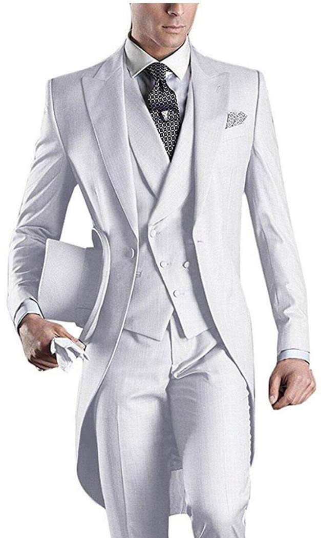 Men's White 3PC Long Tailcoat Suit Notch Lapel One Button Wedding Suits Groom Tuxedos White 40 Chest / 34 Waist