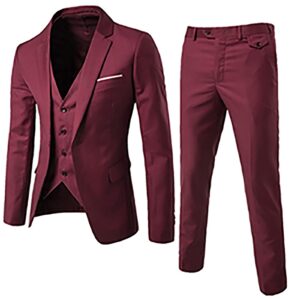 mens suits,men's 3 piece slim fit suit set 2 button blazer jacket vest pants solid wedding dress tux and trousers wine red