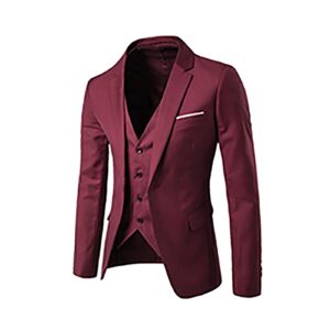 Mens Suits,Men's 3 Piece Slim Fit Suit Set 2 Button Blazer Jacket Vest Pants Solid Wedding Dress Tux and Trousers Wine Red