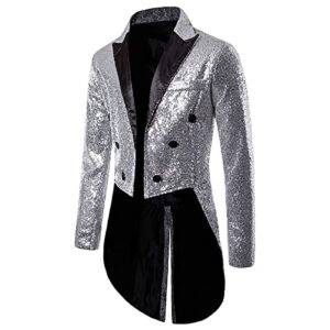sinzelimin men's tuxedo jacket fashion personality sequins tailcoat suit jacket shawl lapel show dress coat swallowtail suit silver
