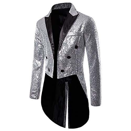 Sinzelimin Men's Tuxedo Jacket Fashion Personality Sequins Tailcoat Suit Jacket Shawl Lapel Show Dress Coat Swallowtail Suit Silver