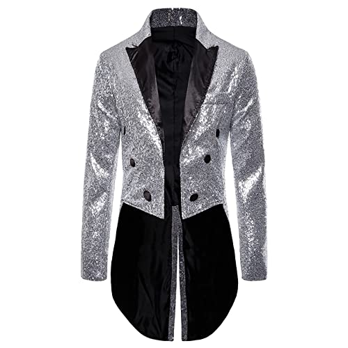 Sinzelimin Men's Tuxedo Jacket Fashion Personality Sequins Tailcoat Suit Jacket Shawl Lapel Show Dress Coat Swallowtail Suit Silver