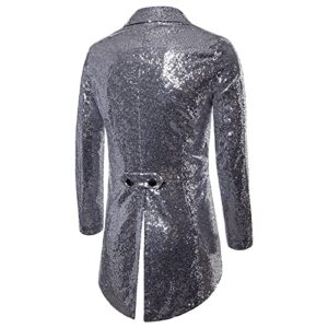 Sinzelimin Men's Tuxedo Jacket Fashion Personality Sequins Tailcoat Suit Jacket Shawl Lapel Show Dress Coat Swallowtail Suit Silver