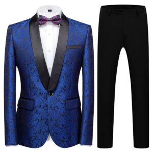 Mens Suit Slim Fit 2 Piece Formal Skinny Floral Tuxedo Suit Set Shawl Lapel for Wedding Dinner Party Blue