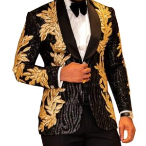 Lovee Tux 2 Pieces Men's Shiny Sequins Gold Applique Suits Prom Tuxedos Grooms Jacket Wedding Party Suits (Blazer+Pants)(34,Black)